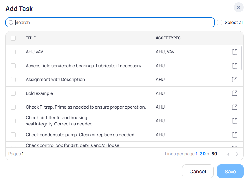 Add Task modal with searchable task table, Title and Asset Types columns, and Save button