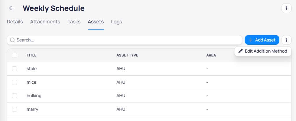 Assets tab menu showing Edit Addition Method option next to Add Asset button