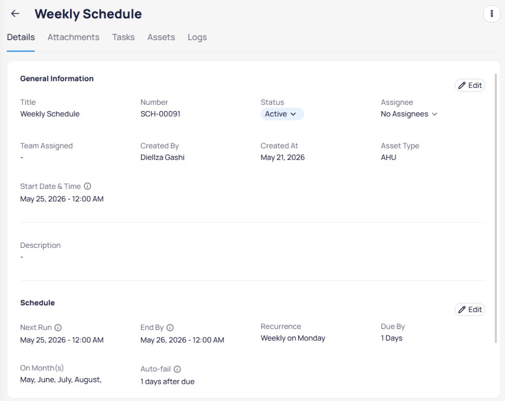 Weekly Schedule Details tab showing General Information with status and assignee, and Schedule section with recurrence and auto-fail