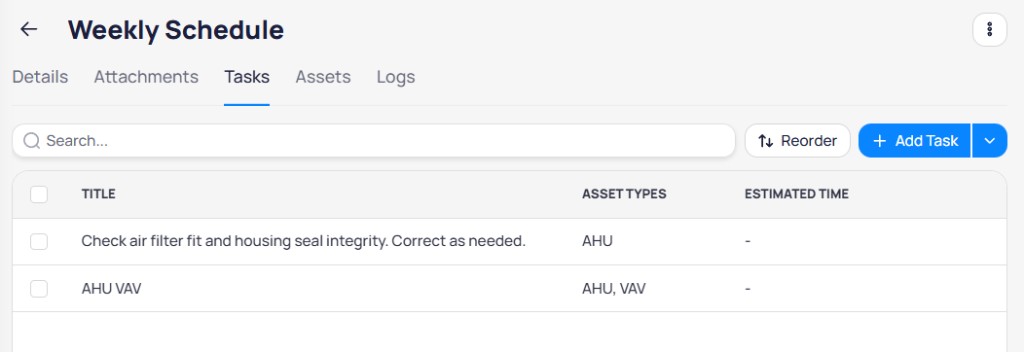 Weekly Schedule Tasks tab with task table showing Title, Asset Types, and Estimated Time columns plus Add Task button