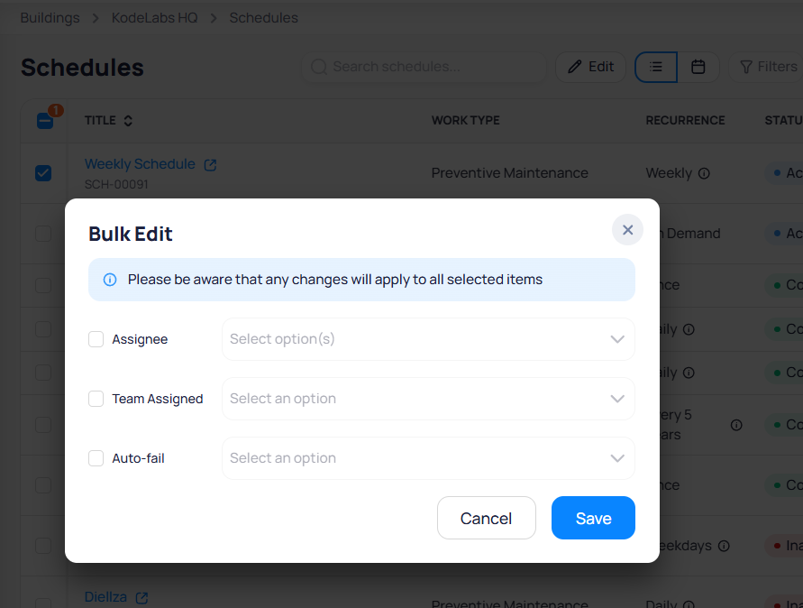 Bulk Edit modal with warning banner and checkboxes for Assignee, Team Assigned, and Auto-fail fields