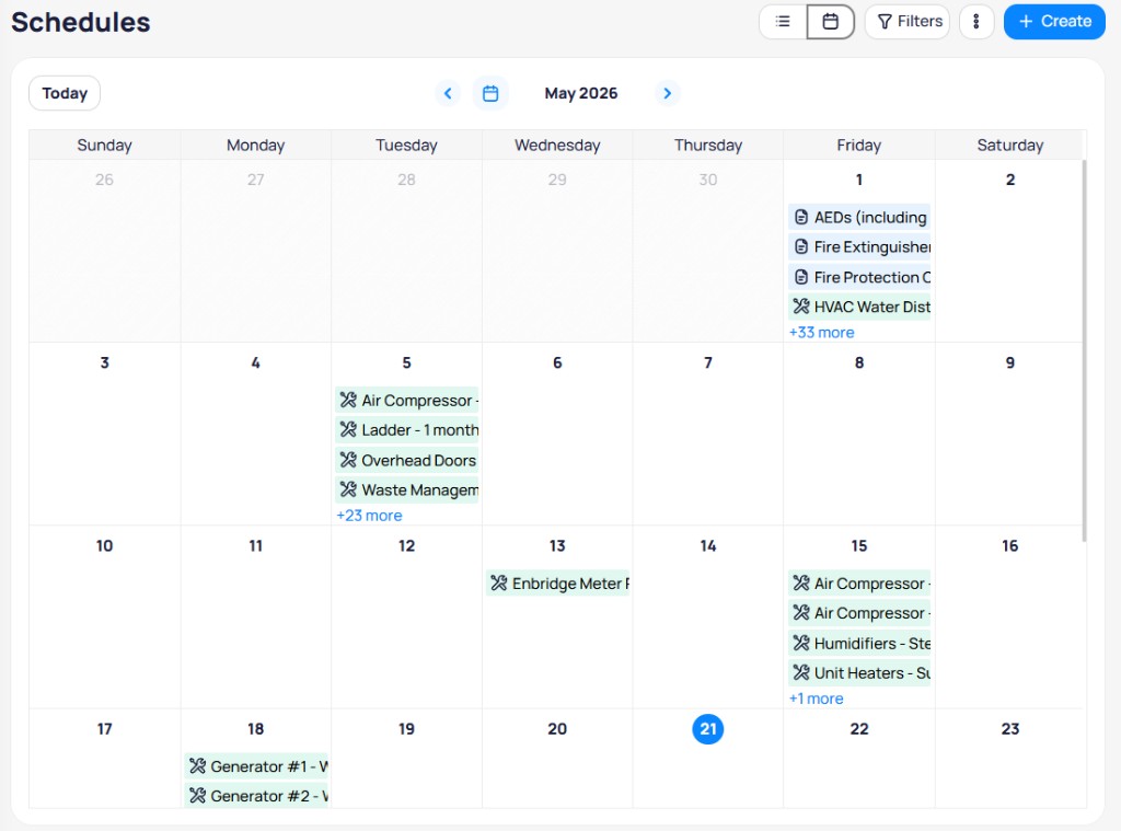 Schedules calendar view for May 2026 with colored schedule chips and Today navigation