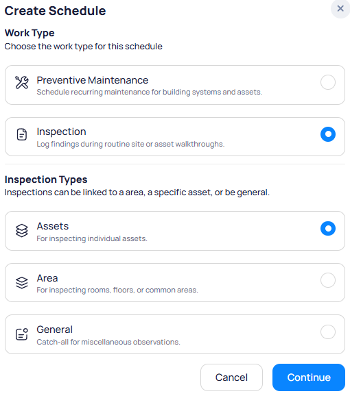 Create Schedule modal with Preventive Maintenance and Inspection work types plus Assets Area and General inspection type options
