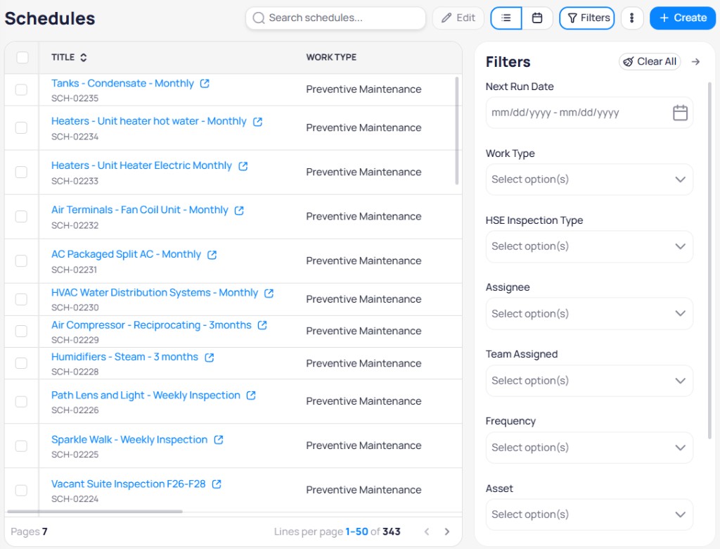 Schedules filters sidebar with Next Run Date, Work Type, Inspection Type, Assignee, Team Assigned, Frequency, and Asset fields