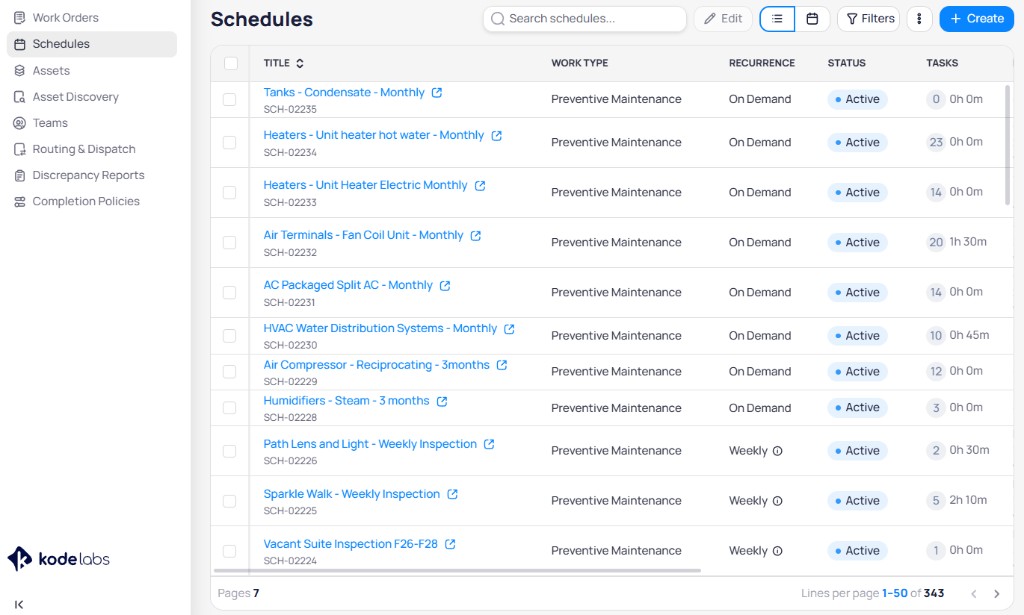 Building Schedules list view with search, list and calendar toggles, Filters, and Create button