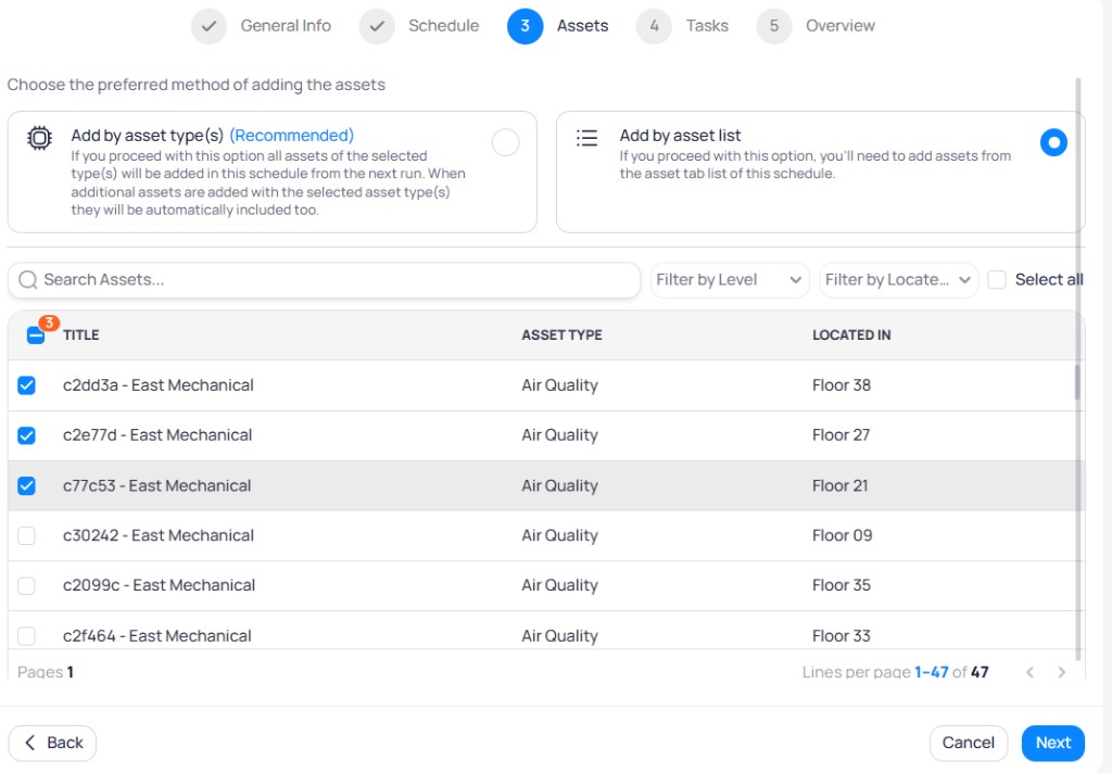 New Schedule Assets step with Add by asset types recommended and Add by asset list options