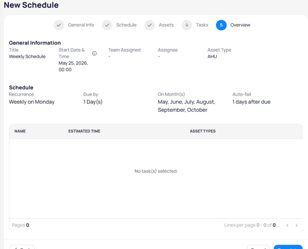 Overview step footer with Back, Cancel, and Complete buttons