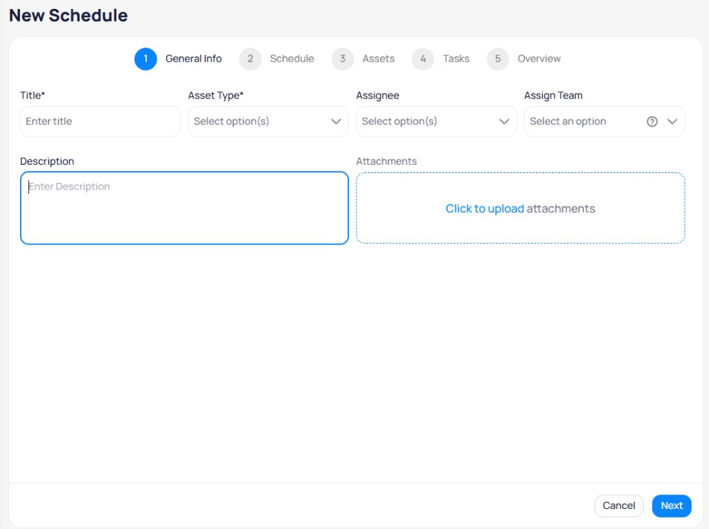 New Schedule wizard step General Info with Title, Asset Type, Assignee, Assign Team, Description, and Attachments fields