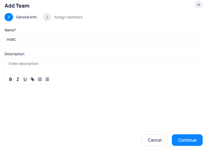 Add Team modal step one General Info with Name and Description rich text fields