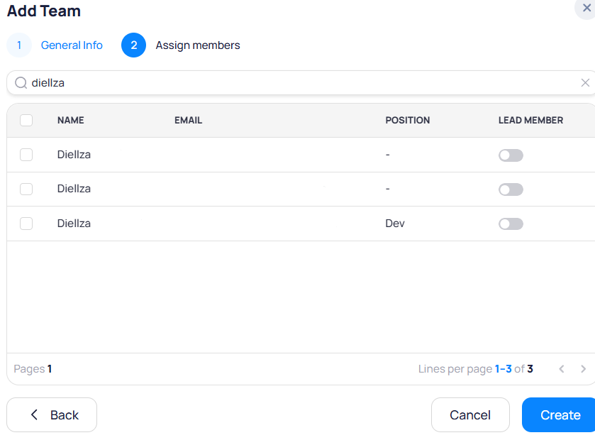 Add Team modal step two Assign members with searchable user list, Position column, and Lead Member toggles