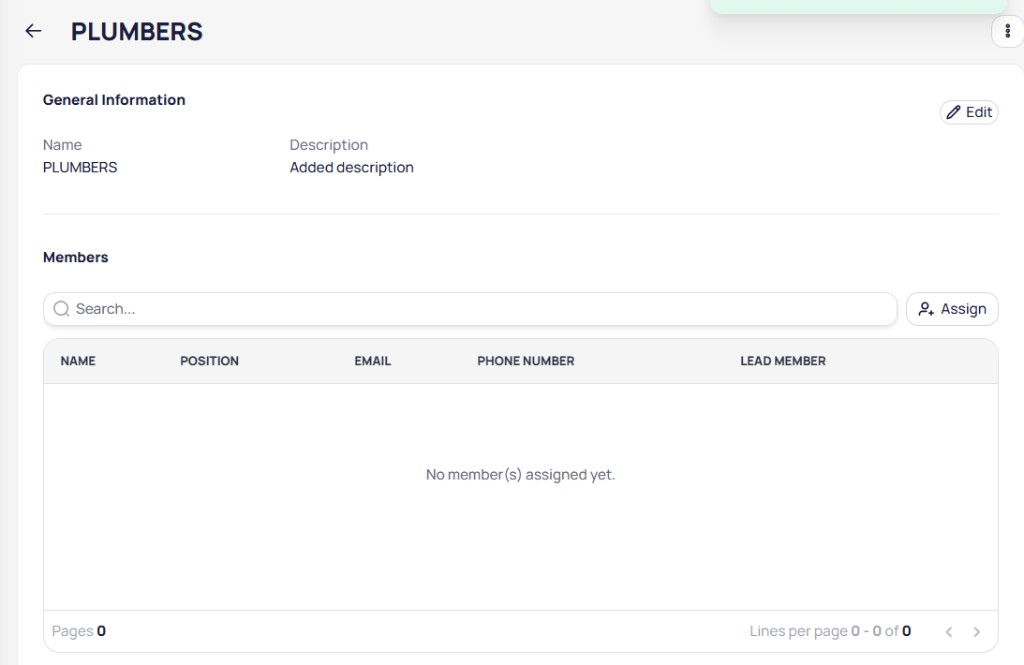 PLUMBERS team details with General Information section and empty Members table with Assign button