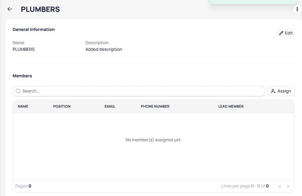 PLUMBERS team details with General Information section and empty Members table with Assign button