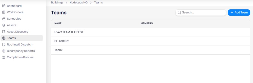 AssetOps Teams page for KodeLabs HQ with Name and Members columns, search field, and Add Team button