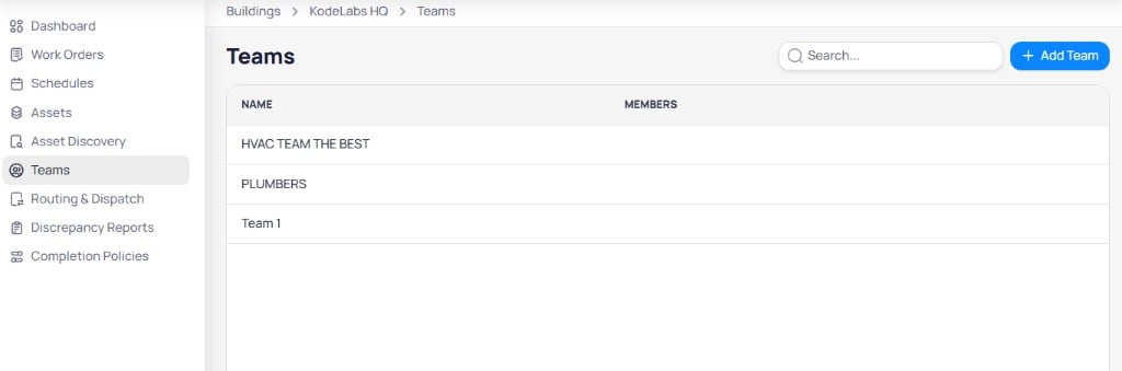 AssetOps Teams page for KodeLabs HQ with Name and Members columns, search field, and Add Team button