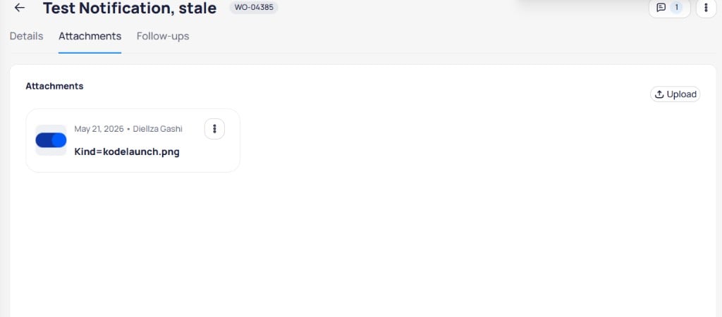 Work order Attachments tab with Upload button and attachment card showing date uploader and filename