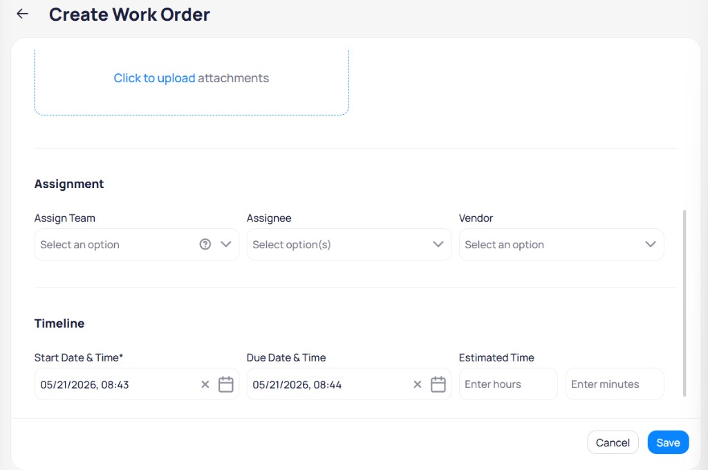 Create Work Order assignment section with Assign Team, Assignee, Vendor, Start Date and Time, Due Date and Time, and Estimated Time hours and minutes