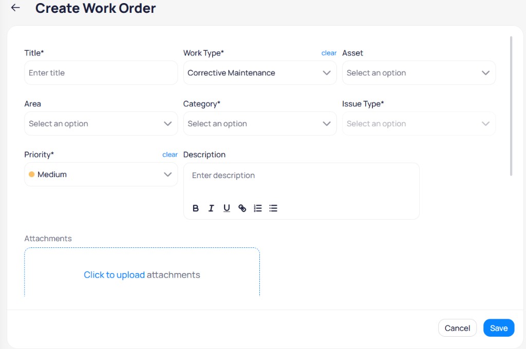 Create Work Order form with Title, Work Type Corrective Maintenance, Asset, Area, Category, Issue Type, Priority, Description, and Attachments upload