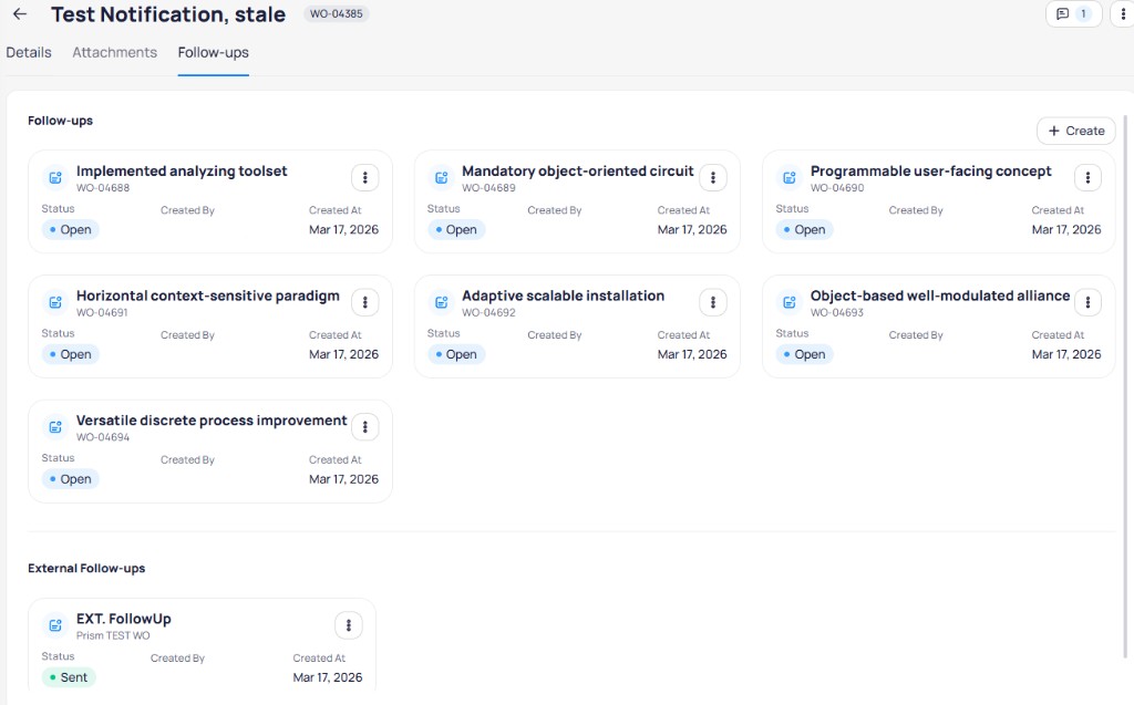 Work order Follow-ups tab with follow-up cards showing title WO ID status and Created At plus External Follow-ups section