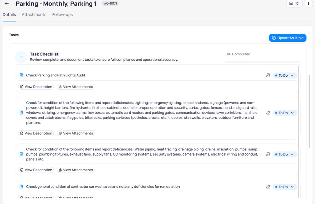 Work order Tasks section with checklist items, To Do status dropdowns, and View Description buttons