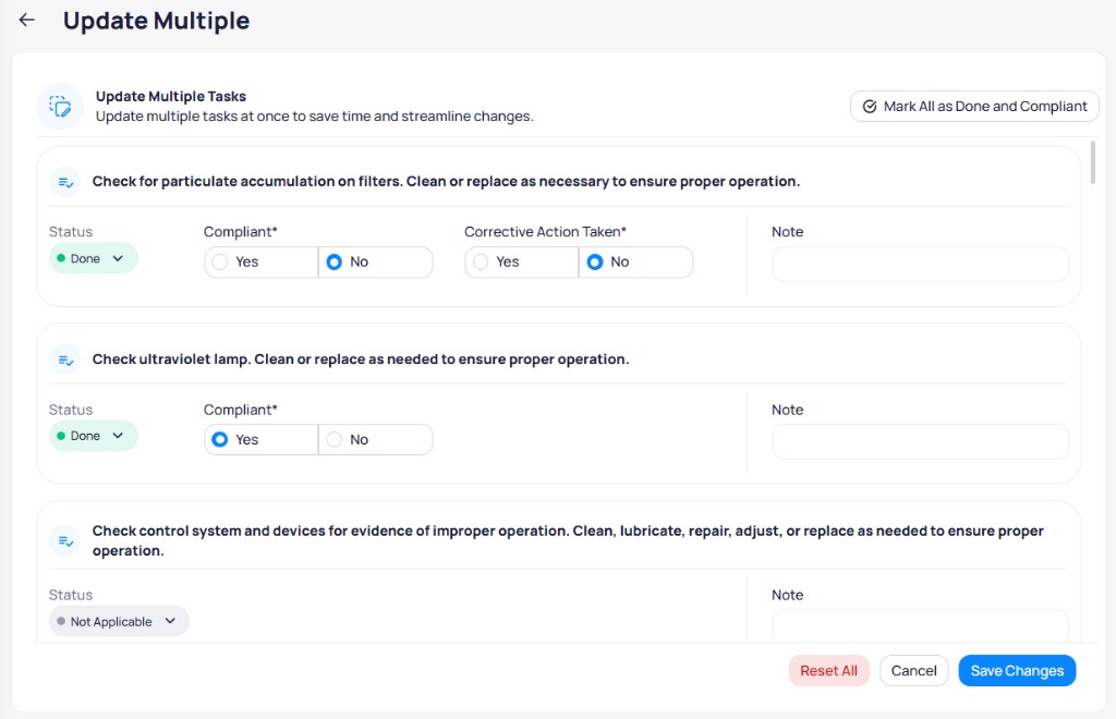Update Multiple Tasks page with Mark All as Done and Compliant and per-task Done status and compliance fields