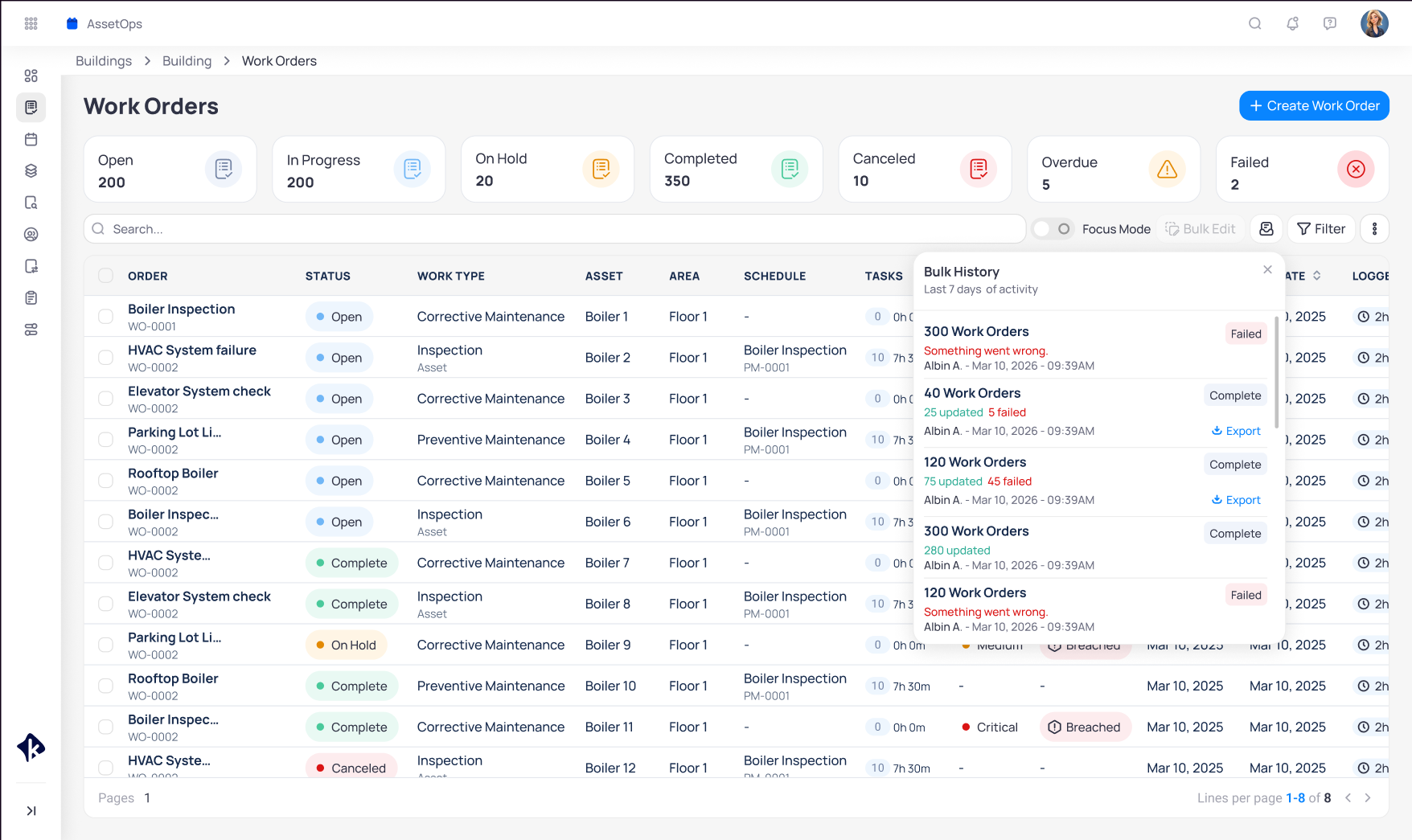 Work Orders page with Bulk History panel listing complete and failed bulk updates for the last seven days