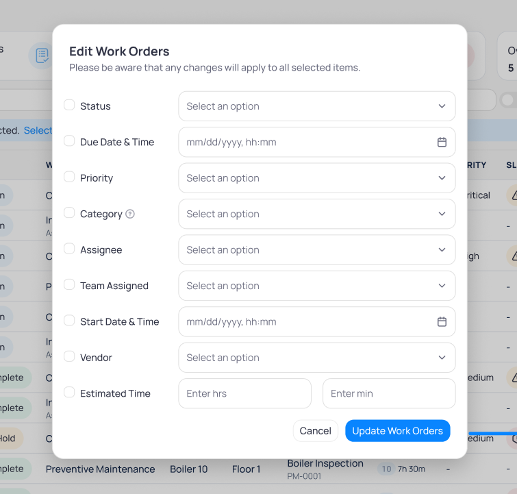Edit Work Orders dialog with checkboxes for Status, Due Date and Time, Priority, Category, Assignee, Team Assigned, Start Date and Time, Vendor, and Estimated Time