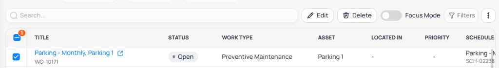 Work orders table showing Title with WO ID, Status, Work Type, Asset, Located In, Priority, and Schedule columns