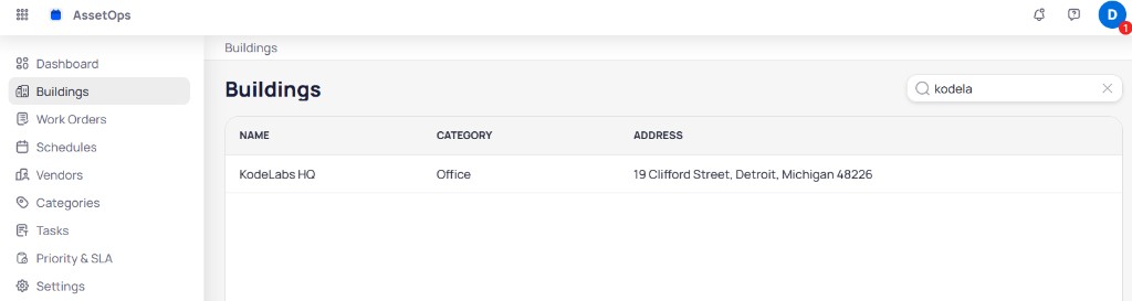 AssetOps Buildings page with search filtering results to KodeLabs HQ showing name, category, and address columns