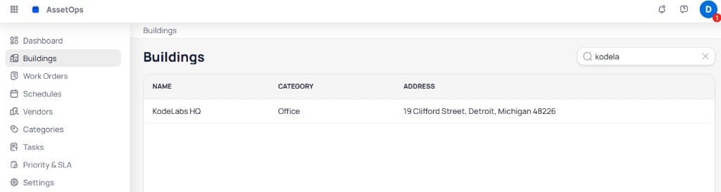 AssetOps Buildings page with search filtering results to KodeLabs HQ showing name, category, and address columns