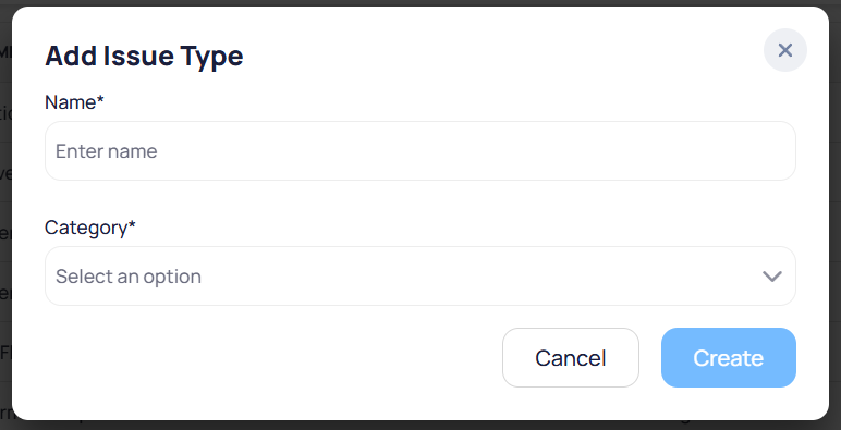 Add Issue Type modal with required Name and Category fields and Cancel and Create buttons