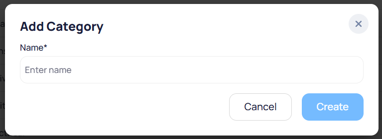 Add Category modal with required Name field and Cancel and Create buttons