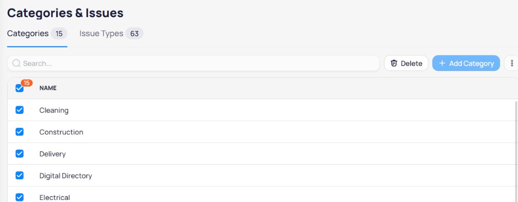 Categories tab with multiple categories selected and Delete button visible in the action bar