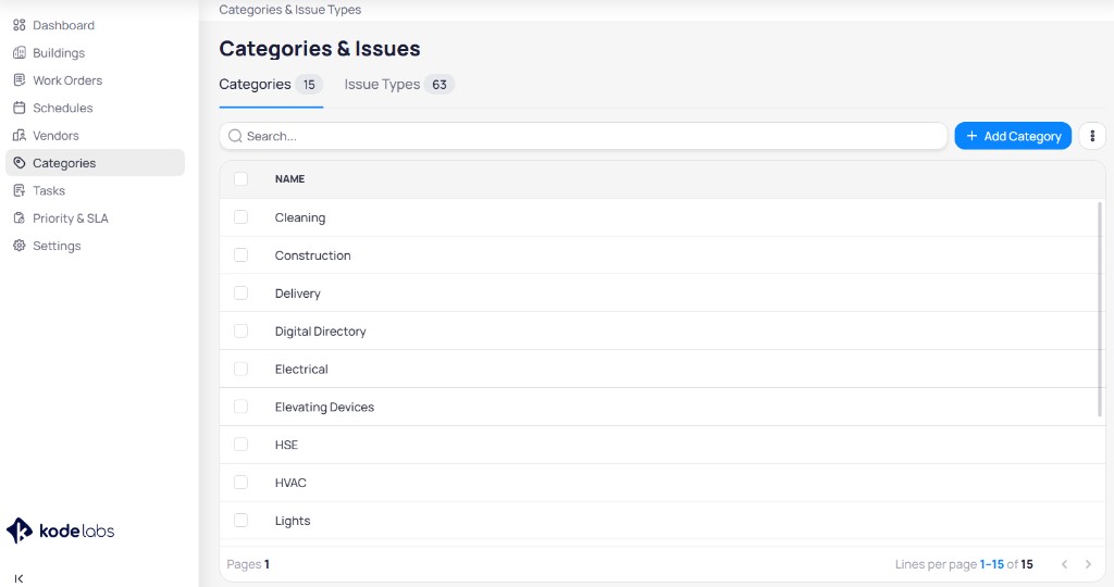 AssetOps Categories and Issues page with Categories tab showing a searchable list of category names and Add Category button