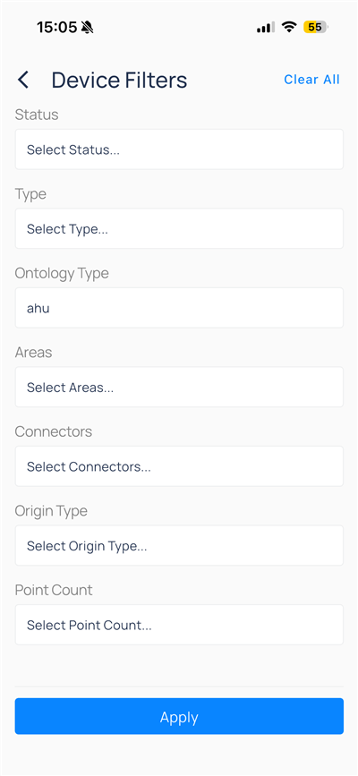 Device Filters screen with Ontology Type ahu and Apply button