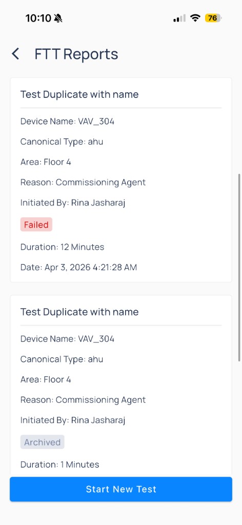 FTT Reports list with Failed and Archived test cards and Start New Test button