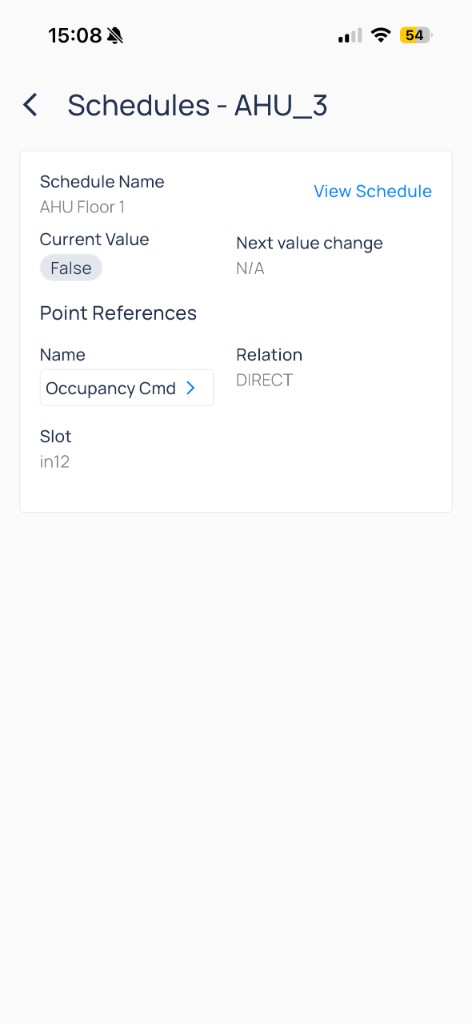 Schedules for AHU_3 showing current value False, next value change N/A, and Occupancy command point reference