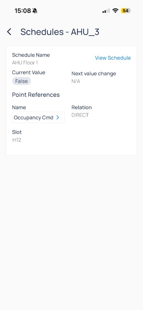 Schedules for AHU_3 showing current value False, next value change N/A, and Occupancy command point reference