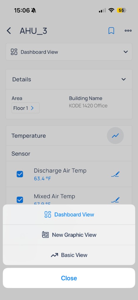 AHU_3 view selector showing Dashboard View, New Graphic View, and Basic View options