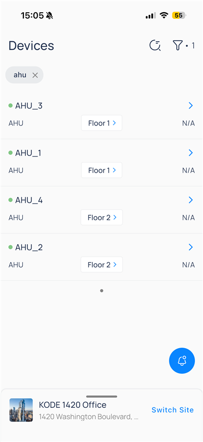 Devices list filtered by ahu with search and filter icons in the header and AHU rows