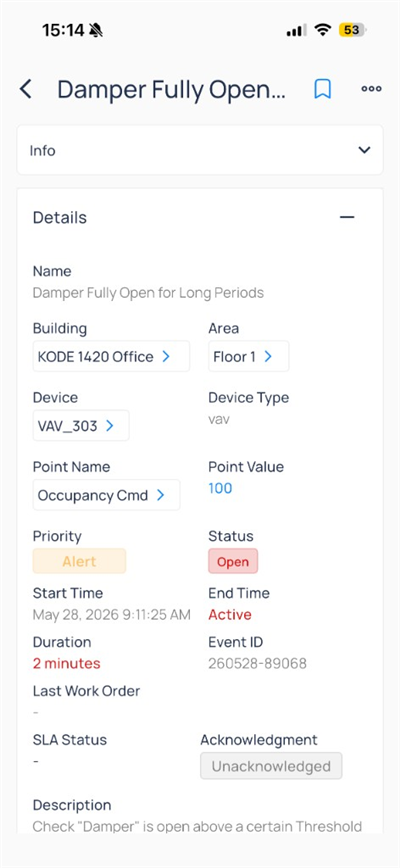 Event details with building, device VAV_303, priority Alert, and Unacknowledged control