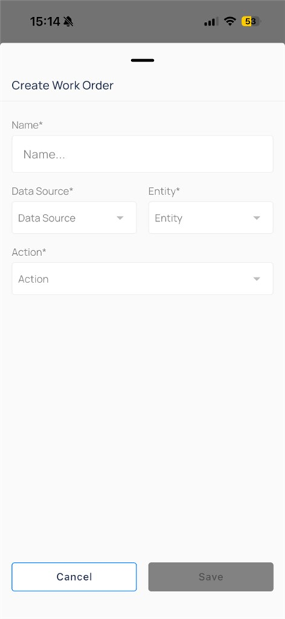 Create Work Order form with Name, Data Source, Entity, and Action fields