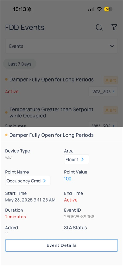 Event sheet with area Floor 1, Occupancy command point, and Active end time
