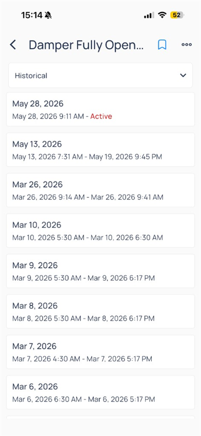 Historical occurrences list for Damper Fully Open with Active and past date ranges