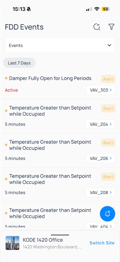 FDD Events list with Damper Fully Open and Temperature Greater than Setpoint alerts on VAV devices