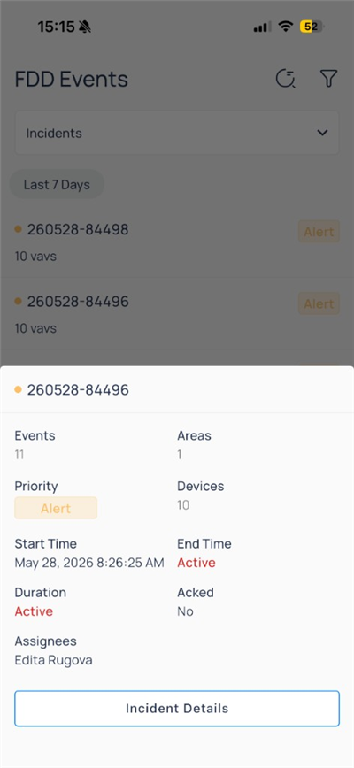 FDD Events view menu with Events, Incidents, Active, and Historical options