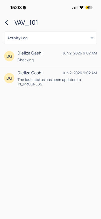 Fault Activity Log for VAV_101 showing comment Checking and status updated to IN_PROGRESS