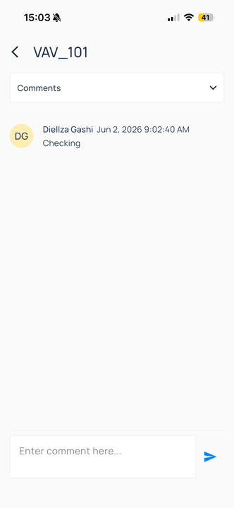 Fault Comments for VAV_101 with a sample comment Checking and Enter comment here field