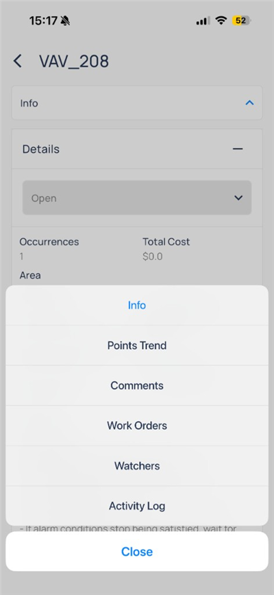 Fault menu with Info, Points Trend, Comments, Work Orders, Watchers, and Activity Log