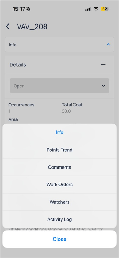Fault menu with Info, Points Trend, Comments, Work Orders, Watchers, and Activity Log