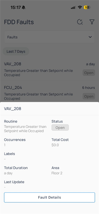 Fault sheet for VAV_208 with routine, occurrences, and area Floor 2